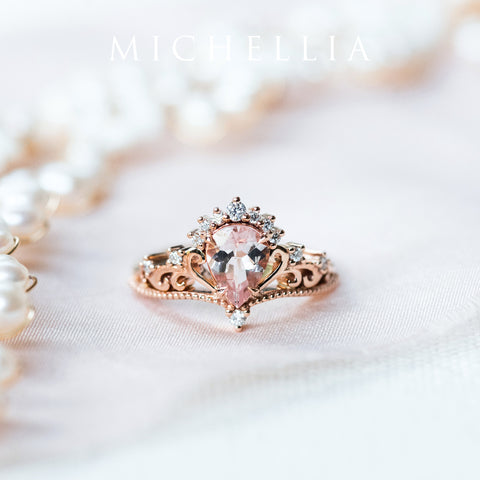 [Reinette] Empress Crown Pear Cut Ring in Morganite Women's Ring michelliafinejewelry   