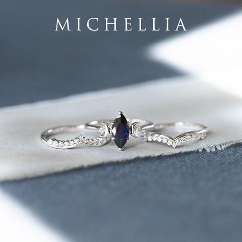 [Cressida] Moon Goddess Marquise Cut Ring in Lab Blue Sapphire Women's Ring michelliafinejewelry   