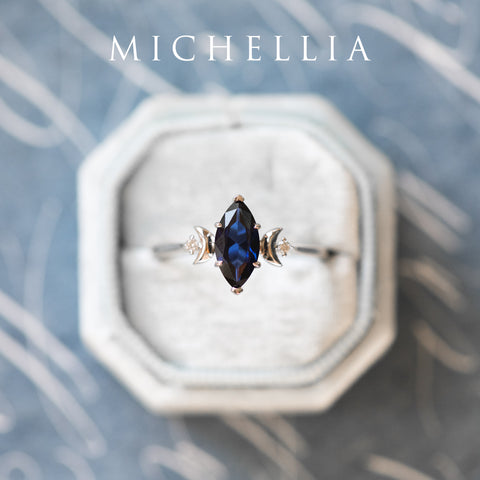 [Cressida] Moon Goddess Marquise Cut Ring in Lab Blue Sapphire Women's Ring michelliafinejewelry   