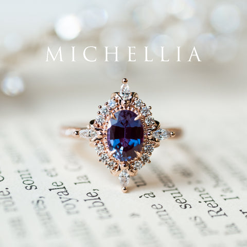 [Alessandra] Art Deco Oval Engagement Ring in Lab Alexandrite Women's Ring michelliafinejewelry   