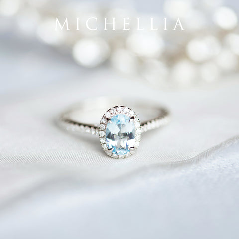 [Lenora] Petite Oval Halo Diamond Ring in Aquamarine Women's Ring michelliafinejewelry   