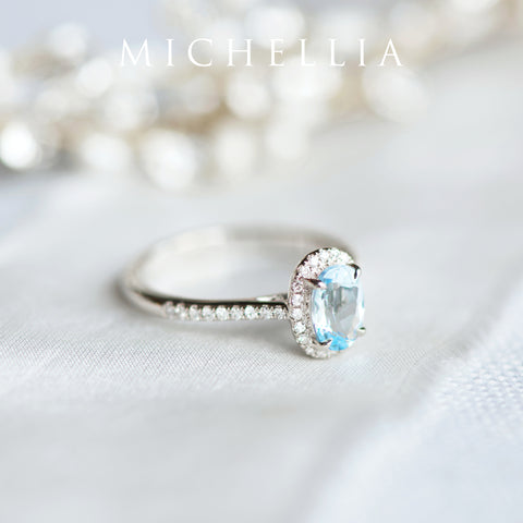 [Lenora] Petite Oval Halo Diamond Ring in Aquamarine Women's Ring michelliafinejewelry   