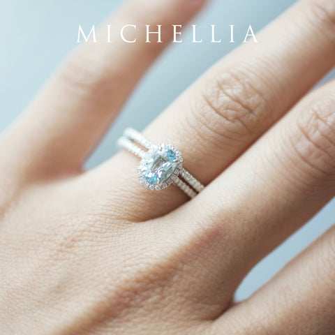 [Lenora] Petite Oval Halo Diamond Ring in Aquamarine Women's Ring michelliafinejewelry   