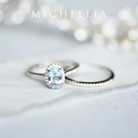 [Lenora] Petite Oval Halo Diamond Ring in Aquamarine Women's Ring michelliafinejewelry   