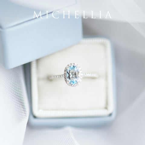 [Lenora] Petite Oval Halo Diamond Ring in Aquamarine Women's Ring michelliafinejewelry   