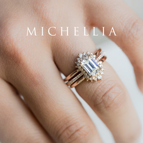 [Kimberly] Halo Diamond Emerald Cut Engagement Ring in Diamond / Moissanite Women's Ring michelliafinejewelry   