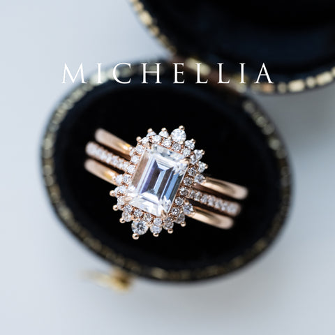 [Kimberly] Halo Diamond Emerald Cut Engagement Ring in Diamond / Moissanite Women's Ring michelliafinejewelry   