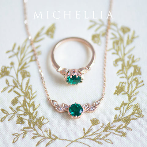 [Dahlia] Floral Leaf Necklace in Lab Emerald Necklace michelliafinejewelry   