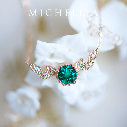 [Dahlia] Floral Leaf Necklace in Lab Emerald Necklace michelliafinejewelry   