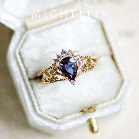 [Veronica] Vintage Crown Pear Cut Ring in Lab Alexandrite Women's Ring michelliafinejewelry   