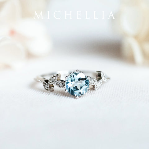 [Dahlia] Petite Floral Engagement Ring in Aquamarine Women's Ring michelliafinejewelry   