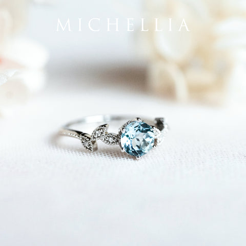 [Dahlia] Petite Floral Engagement Ring in Aquamarine Women's Ring michelliafinejewelry   