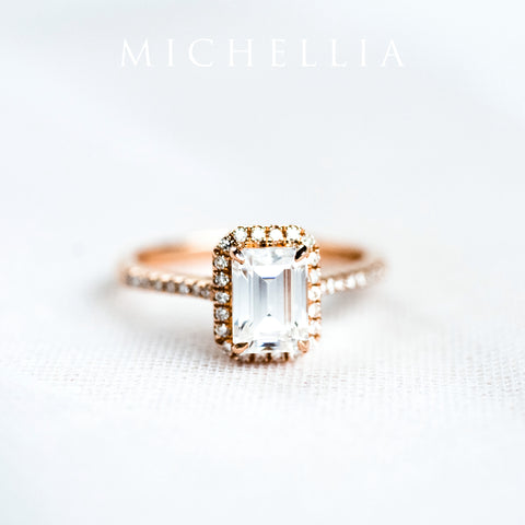[Kimberly] Halo Diamond Emerald Cut Engagement Ring in Diamond / Moissanite Women's Ring michelliafinejewelry   