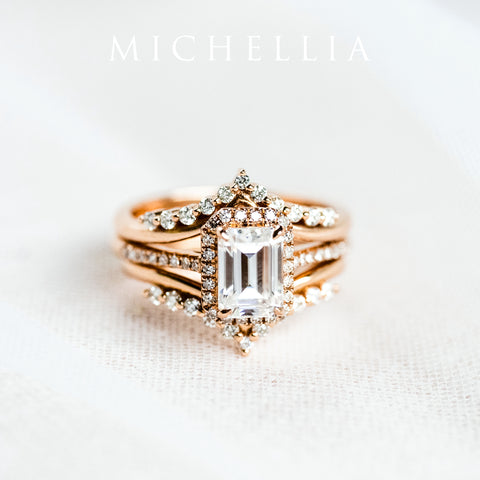 [Kimberly] Halo Diamond Emerald Cut Engagement Ring in Diamond / Moissanite Women's Ring michelliafinejewelry   
