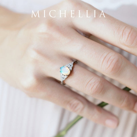 [Olivia] Classic Floral Oval Engagement Ring in Natural Australian Opal Women's Ring michelliafinejewelry