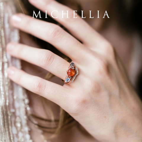 [Celestine] Interstellar Three Stone Ring in Sunstone, Moonstone, and Labradorite Women's Ring michelliafinejewelry