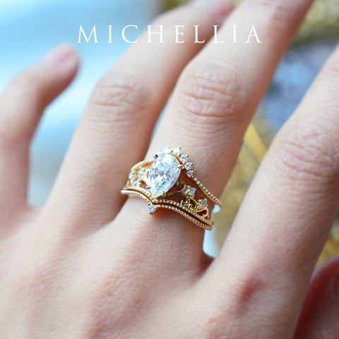 [Veronica] Vintage Crown Pear Engagement Ring in Diamond / Moissanite Women's Ring michelliafinejewelry   