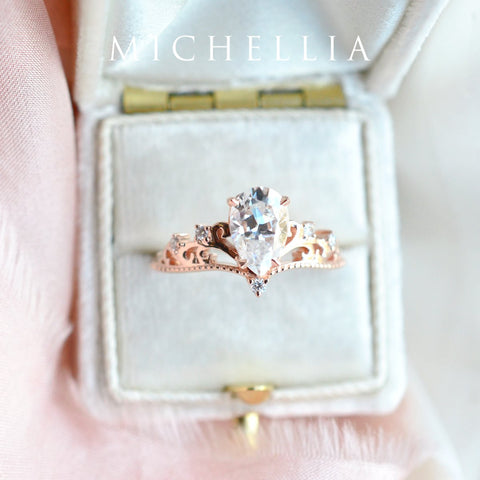 [Veronica] Vintage Crown Pear Engagement Ring in Diamond / Moissanite Women's Ring michelliafinejewelry   