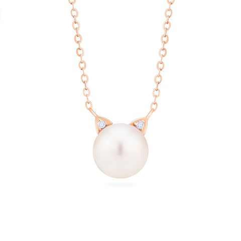 [Snow] White Pearl and Diamond Cat Necklace Necklace michelliafinejewelry   