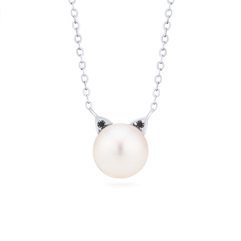 [Snow] White Pearl and Diamond Cat Necklace Necklace michelliafinejewelry   