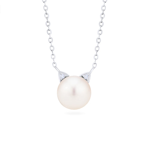[Snow] White Pearl and Diamond Cat Necklace Necklace michelliafinejewelry   