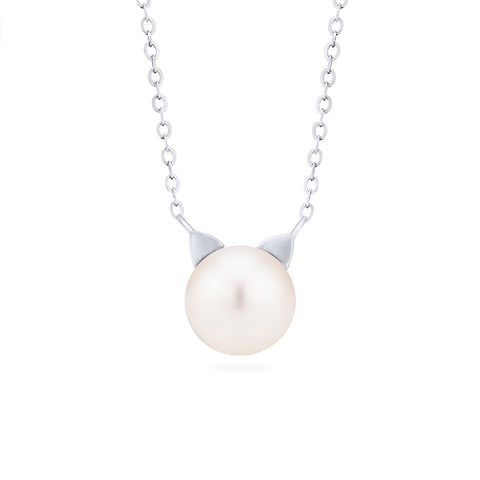 [Snow] White Pearl and Diamond Cat Necklace Necklace michelliafinejewelry   