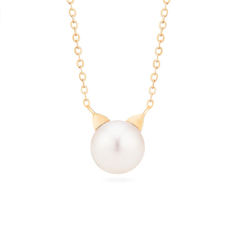 [Snow] White Pearl and Diamond Cat Necklace Necklace michelliafinejewelry   