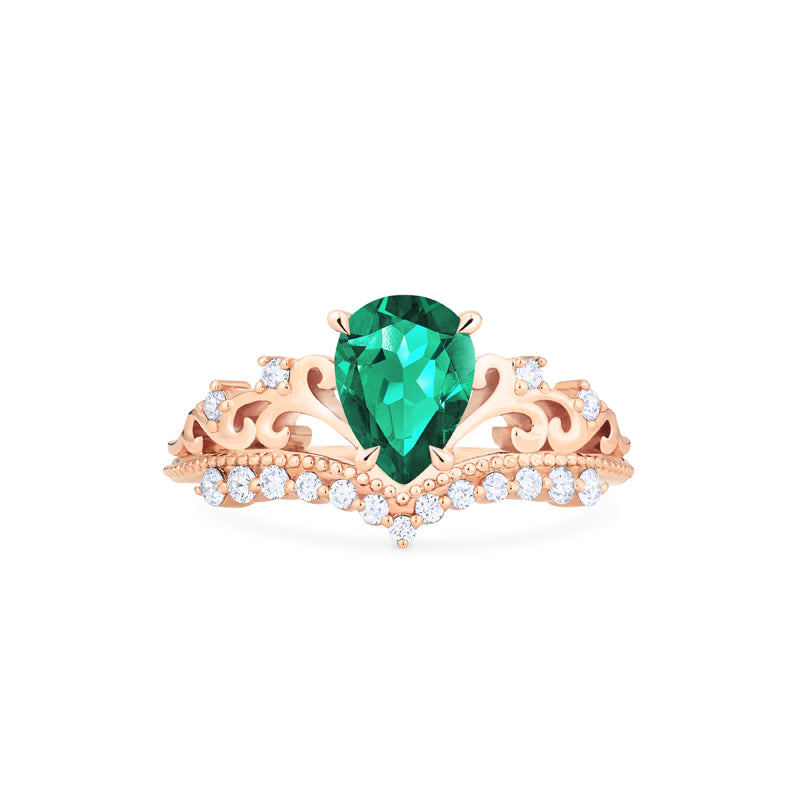 [Francesca] Heirloom Crown Pear Cut Ring in Lab Emerald Women's Ring michelliafinejewelry   