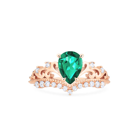 [Francesca] Heirloom Crown Pear Engagement Ring in Emerald Women's Ring michelliafinejewelry   