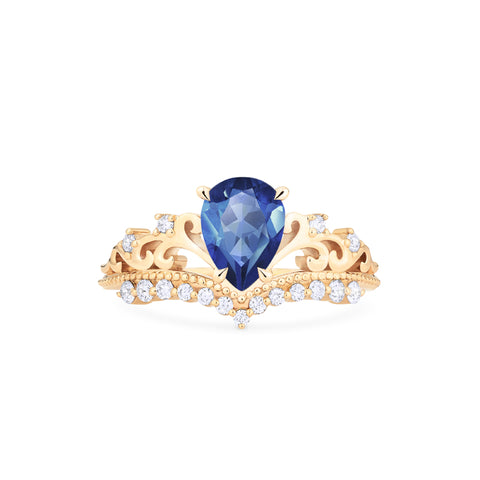 [Francesca] Heirloom Crown Pear Engagement Ring in Blue Sapphire Women's Ring michelliafinejewelry   