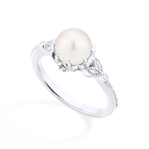 [Evanthe] Vintage Floral Engagement Ring in Akoya Pearl Women's Ring michelliafinejewelry   