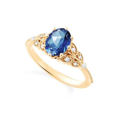 [Olivia] Classic Floral Oval Engagement Ring in Lab Blue Sapphire Women's Ring michelliafinejewelry