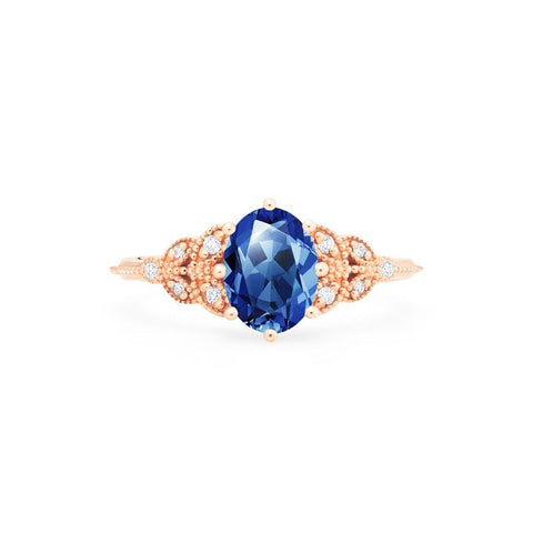 [Olivia] Classic Floral Oval Engagement Ring in Lab Blue Sapphire Women's Ring michelliafinejewelry