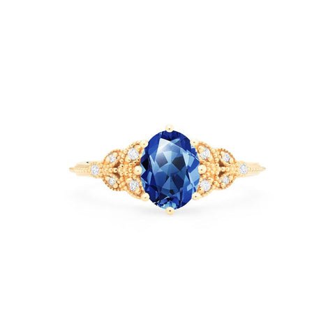 [Olivia] Classic Floral Oval Engagement Ring in Lab Blue Sapphire Women's Ring michelliafinejewelry