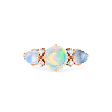 [Celestine] Interstellar Three Stone Ring in Australian Opal, Moonstone, and Labradorite Women's Ring michelliafinejewelry
