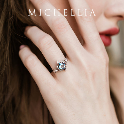 [Elsa] Vintage Square Princess Cut Engagement Ring in Aquamarine Women's Ring michelliafinejewelry   