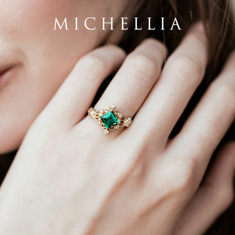 [Anna] Vintage Square Princess Cut Ring in Lab Emerald Women's Ring michelliafinejewelry   