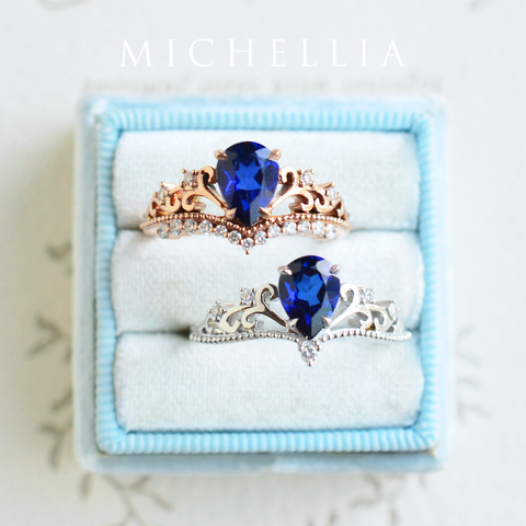 [Veronica] Vintage Crown Pear Cut Ring in Lab Blue Sapphire Women's Ring michelliafinejewelry   