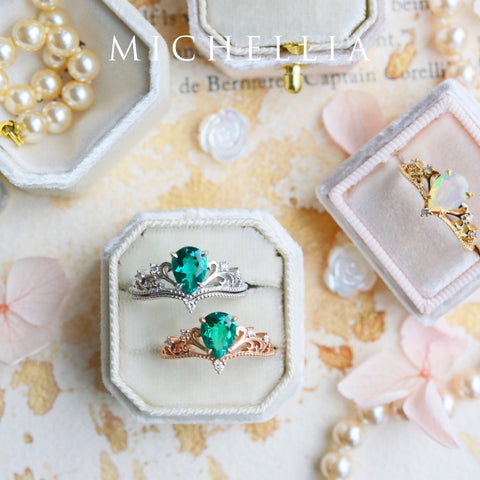 [Veronica] Vintage Crown Pear Engagement  Ring in Emerald Women's Ring michelliafinejewelry   
